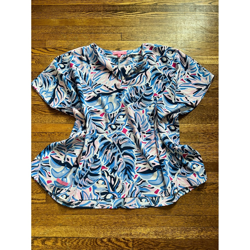 Simply Southern‎ Womens Tropical Palm Leaf Print Blouse Blue Pink Medium